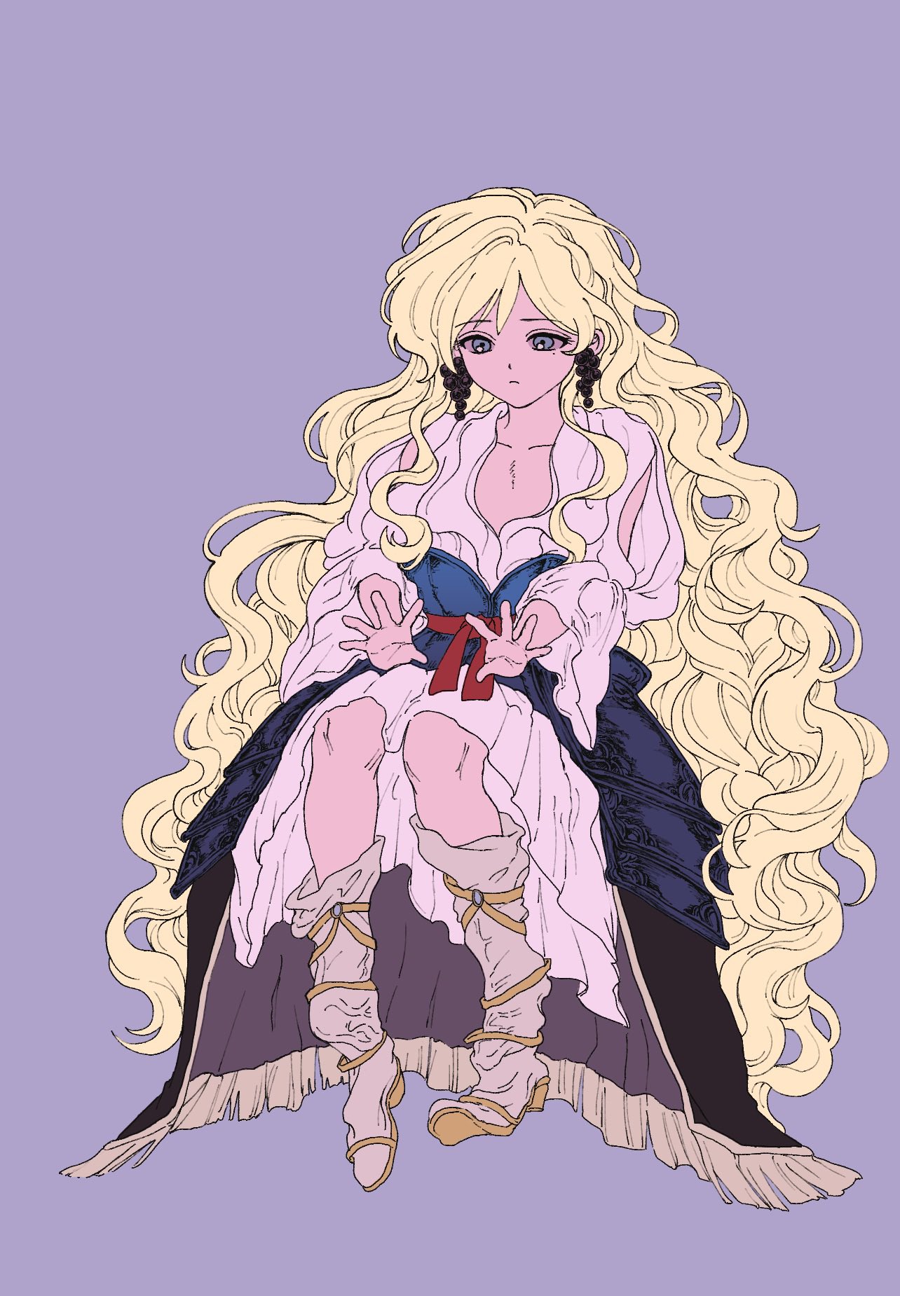 scheherazade (magi), magi the labyrinth of magic, highres, 10001nights, 1girl, blonde hair, blue eyes, boots, dress, full body, grape earrings, long hair, mole, mole under eye, oversized clothes, purple background, red sash, sash, simple background, sitting, solo, very long hair, white dress