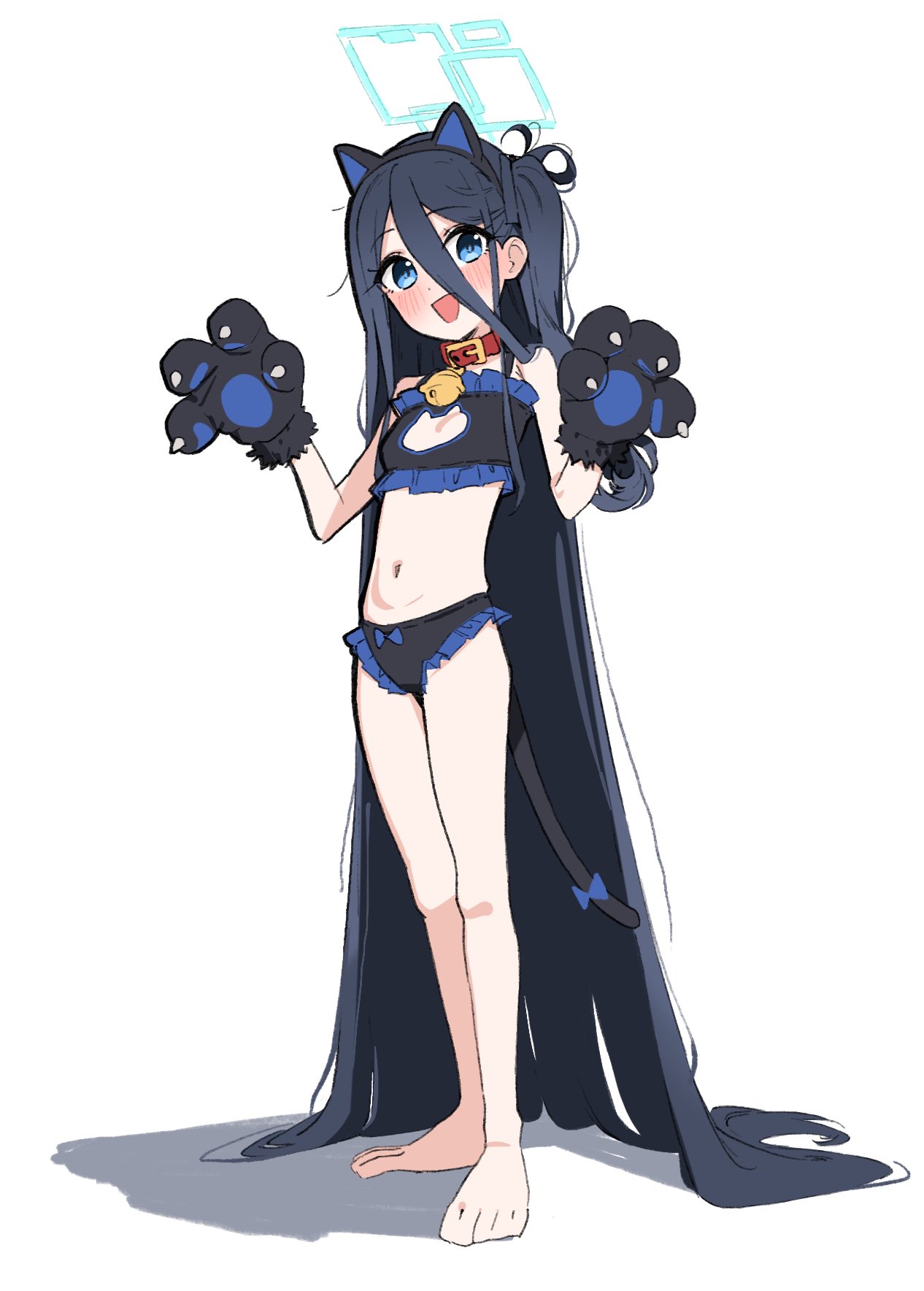 fried bocky, aris (blue archive), highres, absurdly long hair, animal collar, animal ears, animal hands, black gloves, black hair, black panties, blue eyes, blue halo, blush, bow, bow panties, breasts, cat ears, collar, fake animal ears, gloves, halo, long hair, open mouth, panties, paw gloves, simple background, small breasts, smile, standing, underwear, very long hair, white background