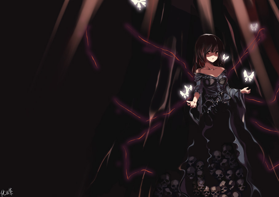 cofepig, saigyouji yuyuko, touhou, bad id, bad pixiv id, 1girl, bug, butterfly, butterfly wings, dark, dress, expressionless, female focus, glowing, insect, insect wings, no headwear, off shoulder, pink hair, red eyes, short hair, skull, solo, wings