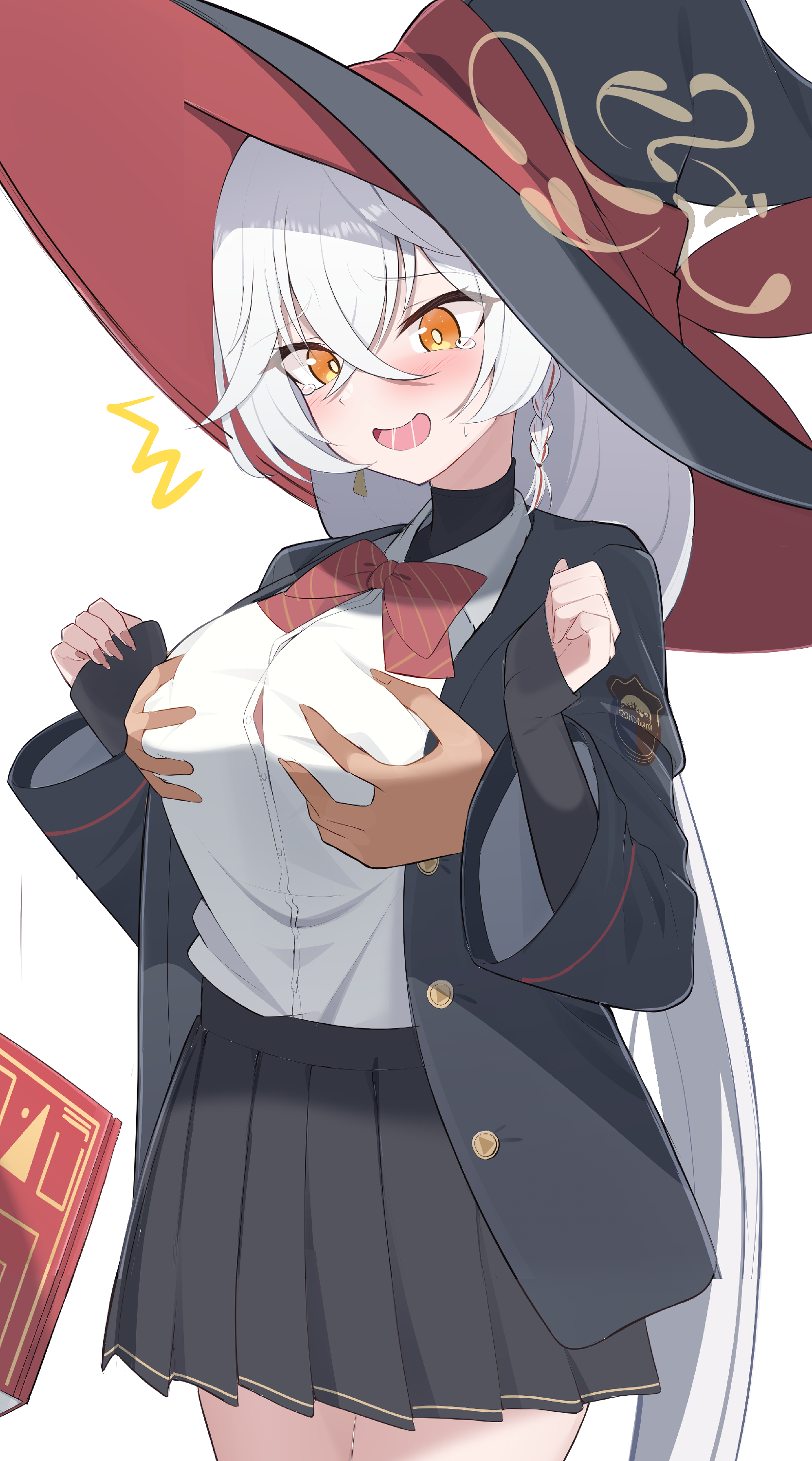kirisame oreo, eri (blue archive), blue archive, absurdres, highres, 1girl, black coat, black hat, black skirt, blush, bow, bowtie, breasts, button gap, coat, disembodied hand, grabbing another's breast, grabbing from behind, grey hair, groping, hair between eyes, halo, hat, large breasts, long hair, looking down, open mouth, pleated skirt, red bow, red bowtie, red hat, shirt, skirt, smile, tearing up, two-tone hat, white shirt, witch hat, yellow eyes, yellow halo