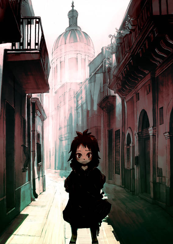 saitou shunsuke, shun, original, 1girl, alley, balcony, black coat, black hair, black pantyhose, blush, building, city, closed mouth, coat, day, dome, empty eyes, female focus, frown, house, legs apart, looking at viewer, pantyhose, red eyes, road, short hair, solo, standing, street, sunlight, white background