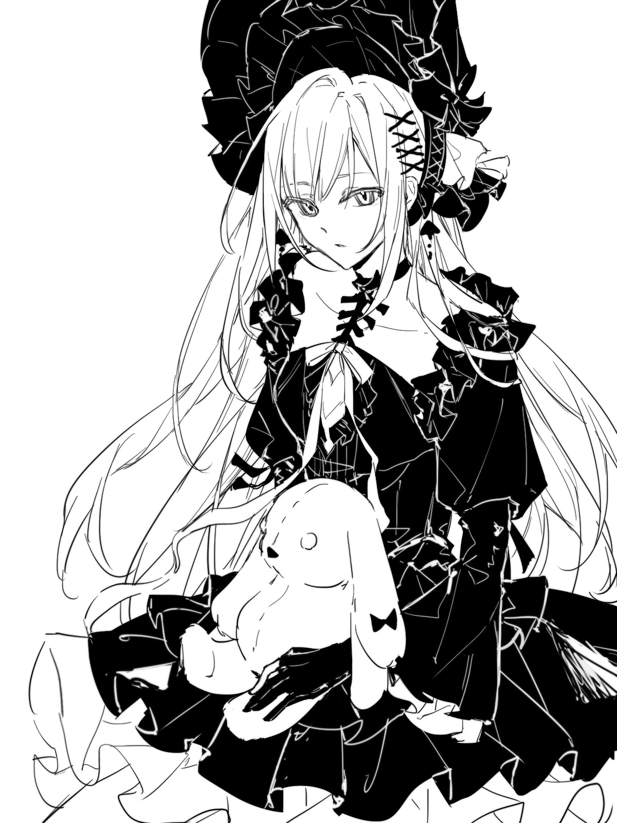 wakaba mutsumi, arknights, bang dream!, bang dream! it's mygo!!!!!, chinese commentary, commentary request, highres, 1girl, bonnet, closed mouth, cowboy shot, dress, frilled dress, frills, gloves, gothic lolita, greyscale, han tan liang 2, juliet sleeves, lolita fashion, long hair, long sleeves, looking at viewer, monochrome, official alternate costume, puffy sleeves, sidelocks, simple background, sitting, solo, stuffed animal, stuffed rabbit, stuffed toy, wakaba mutsumi (marionette's id), white background
