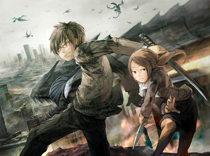 saitou shunsuke, shun, original, 1boy, 1girl, city, cityscape, dragon, fantasy, glasses, kunai, sword, weapon
