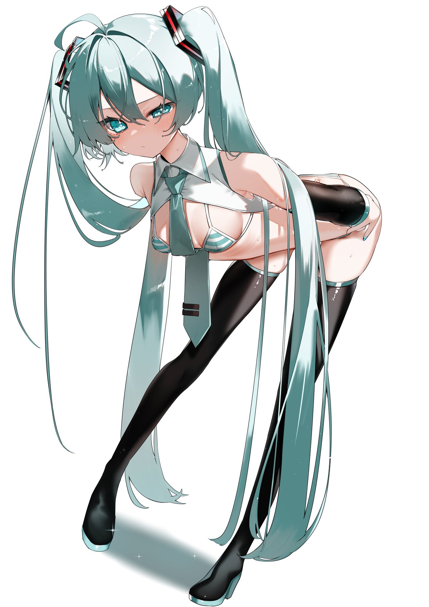 reirou (chokoonnpu), hatsune miku, vocaloid, commentary, highres, symbol-only commentary, 1girl, ahoge, aqua eyes, aqua hair, aqua necktie, bare shoulders, bent over, bikini, black boots, boots, breasts, cropped shirt, detached sleeves, full body, leaning forward, long hair, looking at viewer, necktie, shirt, simple background, sleeveless, sleeveless shirt, solo, squinting, striped bikini, striped clothes, swimsuit, thigh boots, twintails, white background, white shirt