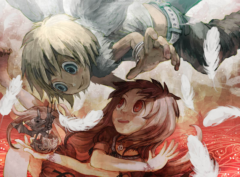 saitou shunsuke, shun, original, 2girls, angel wings, bracelet, demon, egg, feathers, jewelry, multiple girls, necklace, wings