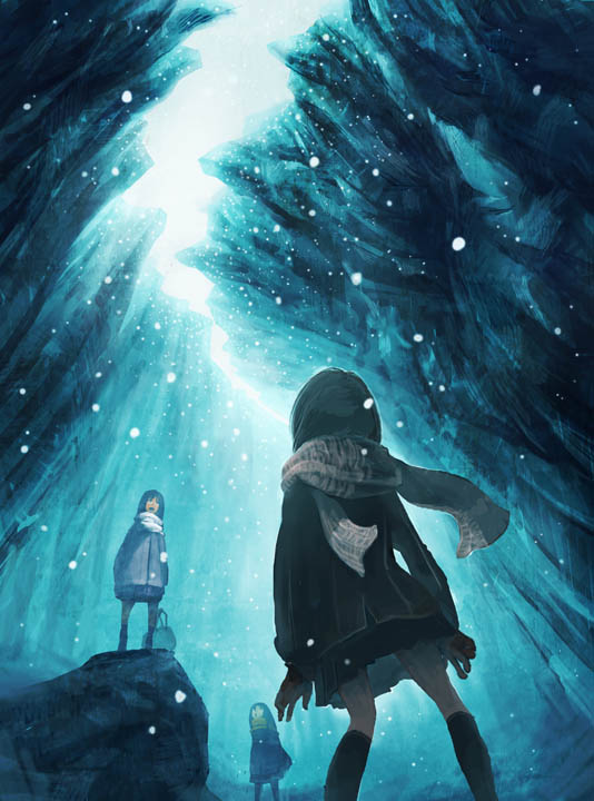 saitou shunsuke, shun, original, 3girls, canyon, coat, multiple girls, scarf, snow