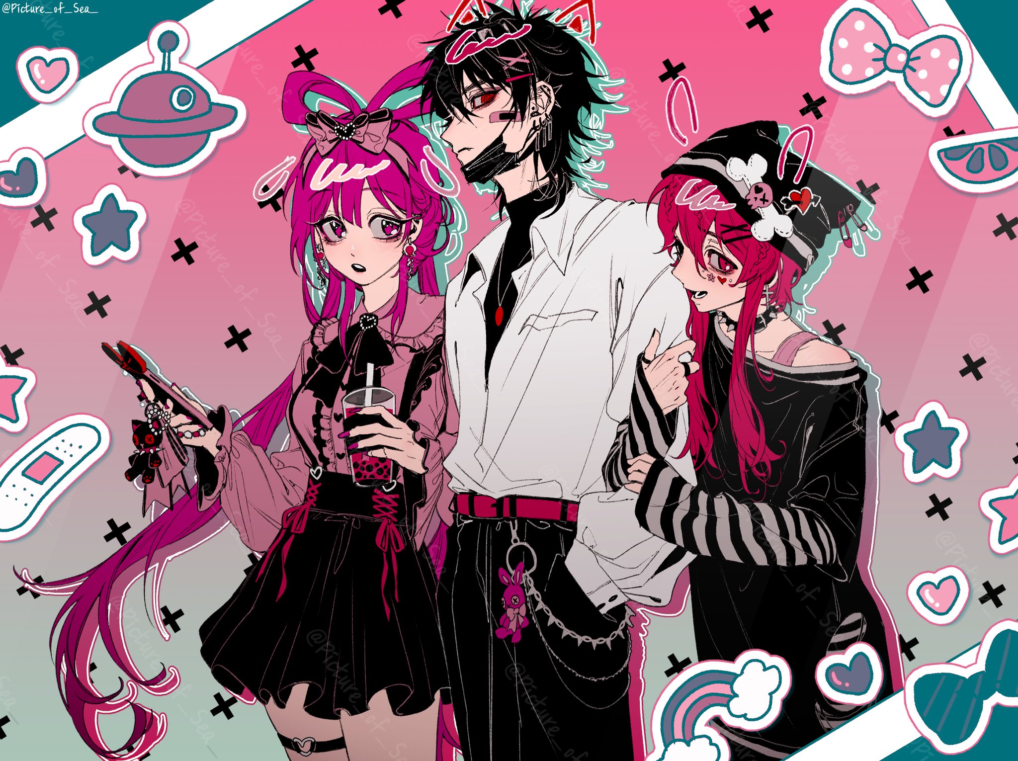 judal, ren kougyoku, ren kouha, magi the labyrinth of magic, highres, 1girl, 2boys, androgynous, bandaid, bandaid on face, belt, black hair, braid, bubble tea, choker, contemporary, earrings, feixianji (hairstyle), hair ornament, hair rings, hairband, hairclip, hand in pocket, hat, holding, holding phone, jewelry, jirai kei, long hair, long sleeves, mask, medium hair, mouth mask, multiple boys, neck ring, necklace, open mouth, phone, picture of sea, pink eyes, pink hair, red eyes, red hair, ring, shirt, skirt, smile, spiked choker, spikes, split ponytail, sticker, sticker on face, streetwear, trap, white shirt