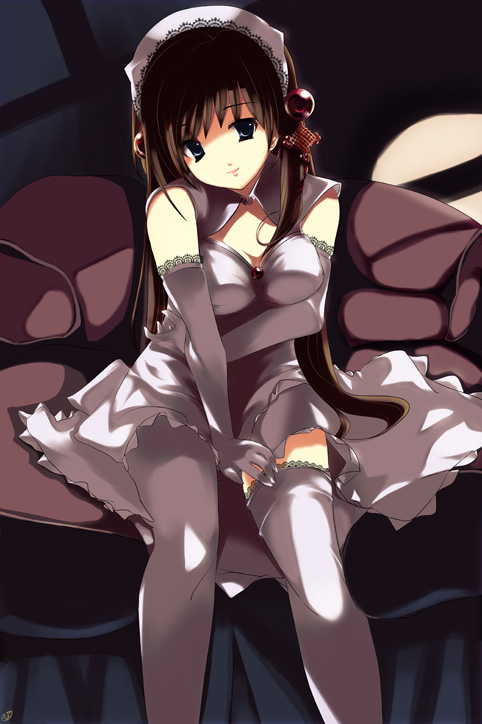 cofepig, original, 1girl, brown hair, dress, female focus, gloves, looking at viewer, sleeveless, solo, thighhighs