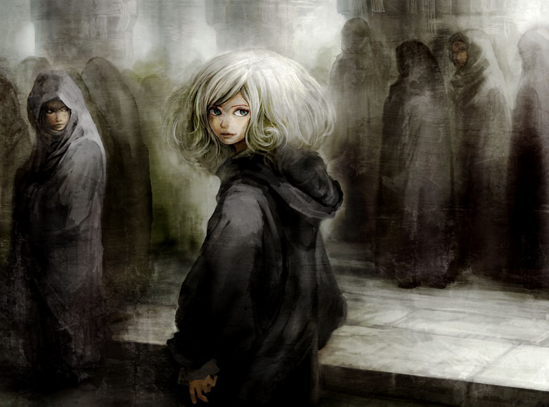 saitou shunsuke, shun, original, silver hair, 1girl, blonde hair, looking back, robe, smile, solo focus