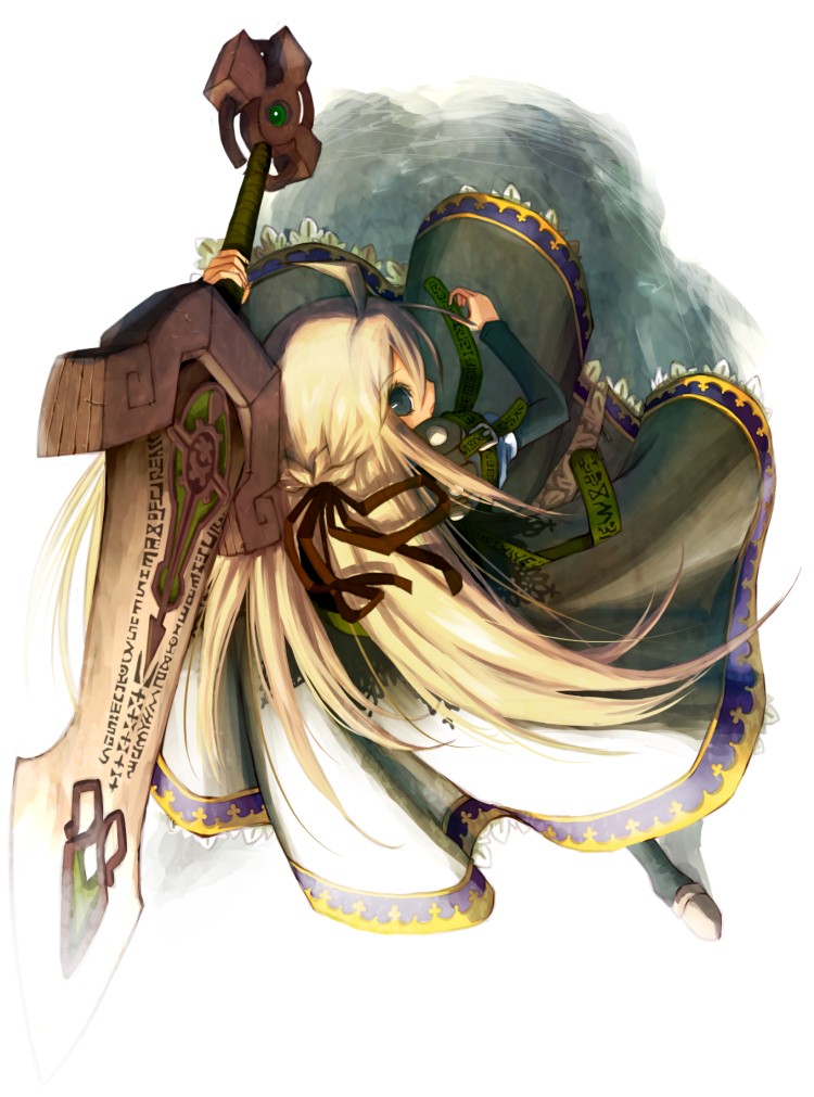 shiden, yggdra yuril artwaltz, yggdra union, bad id, bad pixiv id, 1girl, armor, armored dress, blonde hair, dress, grey eyes, huge weapon, long hair, sankaku (pixi5000), sword, weapon