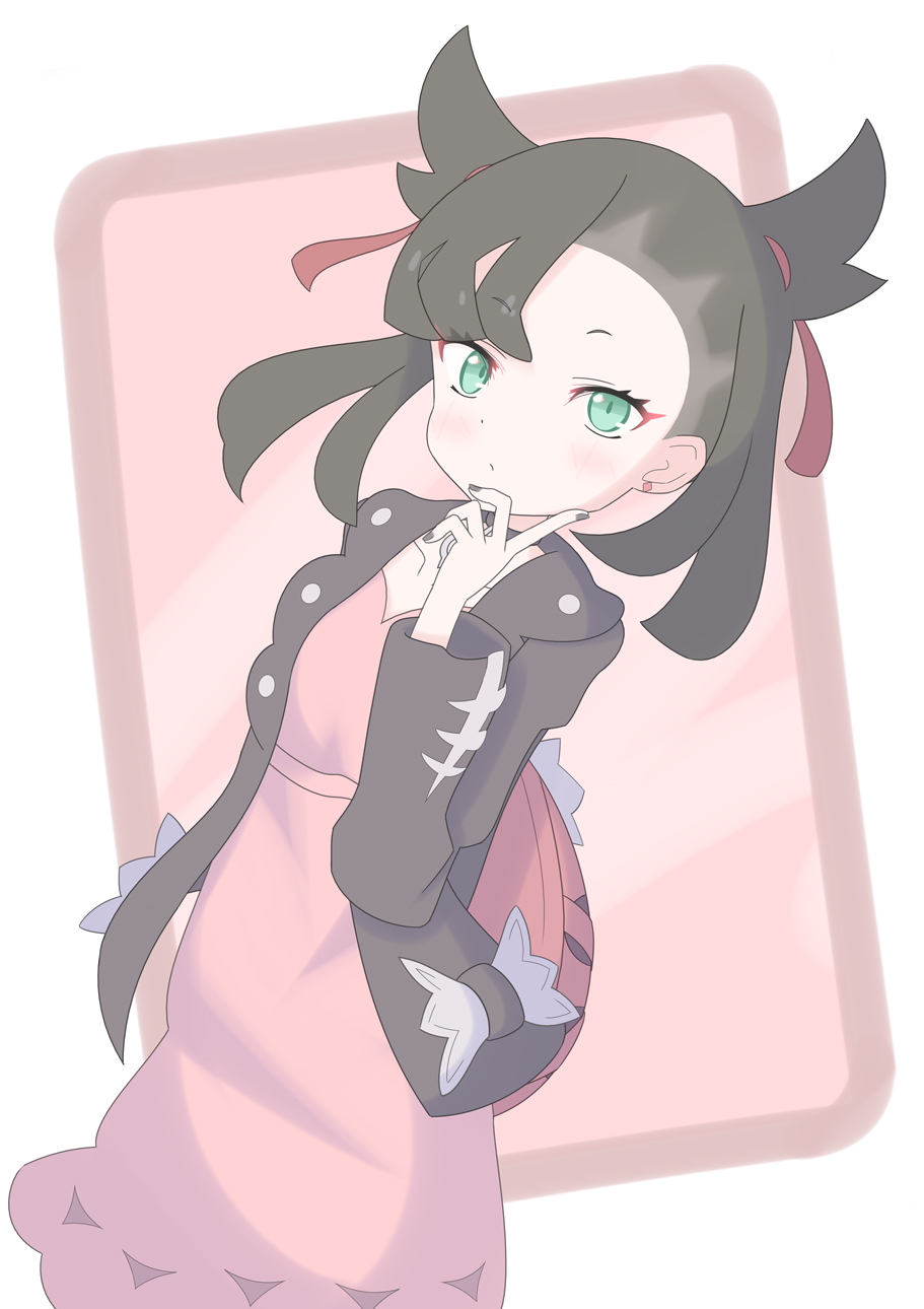 shisa-tsukishima, marnie (pokemon), nintendo, pokemon, pokemon swsh, highres, 1girl, asymmetrical bangs, backpack, bag, black choker, black hair, black jacket, black nails, choker, dress, green eyes, hair ribbon, hand up, jacket, pink dress, red ribbon, ribbon, solo, twintails
