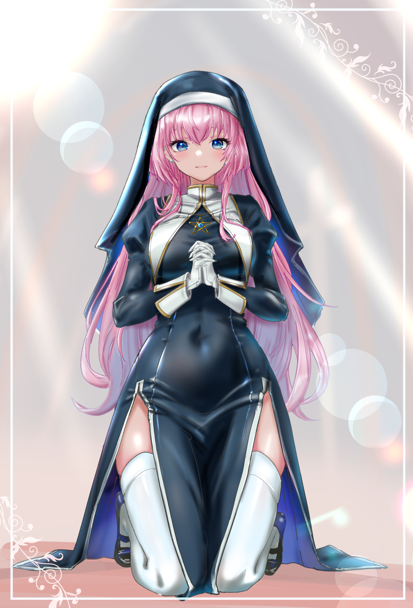 yukihane (snowowl515), megurine luka, vocaloid, commentary request, highres, 1girl, black dress, blue eyes, covered navel, dress, full body, gloves, interlocked fingers, kneeling, long hair, looking at viewer, nun, own hands together, pink hair, side slit, solo, thighhighs, thighs, white gloves, white thighhighs