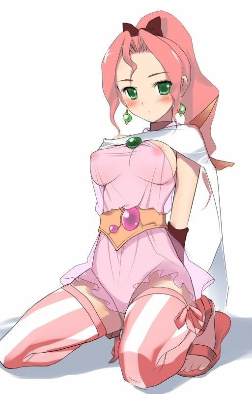 hima, porom, porom (adult), final fantasy, final fantasy iv, final fantasy iv: the after years, 1990s (style), 1girl, aged up, blush, breasts, earrings, female focus, green eyes, jewelry, kneeling, large breasts, looking at viewer, nipples, pink hair, ponytail, retro artstyle, sandals, see-through clothes, simple background, solo, white background