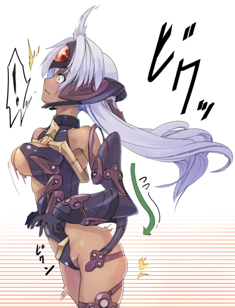 akinaie, yoshio (55level), t-elos, super robot wars, super robot wars og saga mugen no frontier, xenosaga, xenosaga episode iii, bad id, bad pixiv id, translation request, !, 00s, 1girl, android, armor, blush, breasts, cleavage, cyborg, dark-skinned female, dark skin, female focus, solo, surprised, white hair