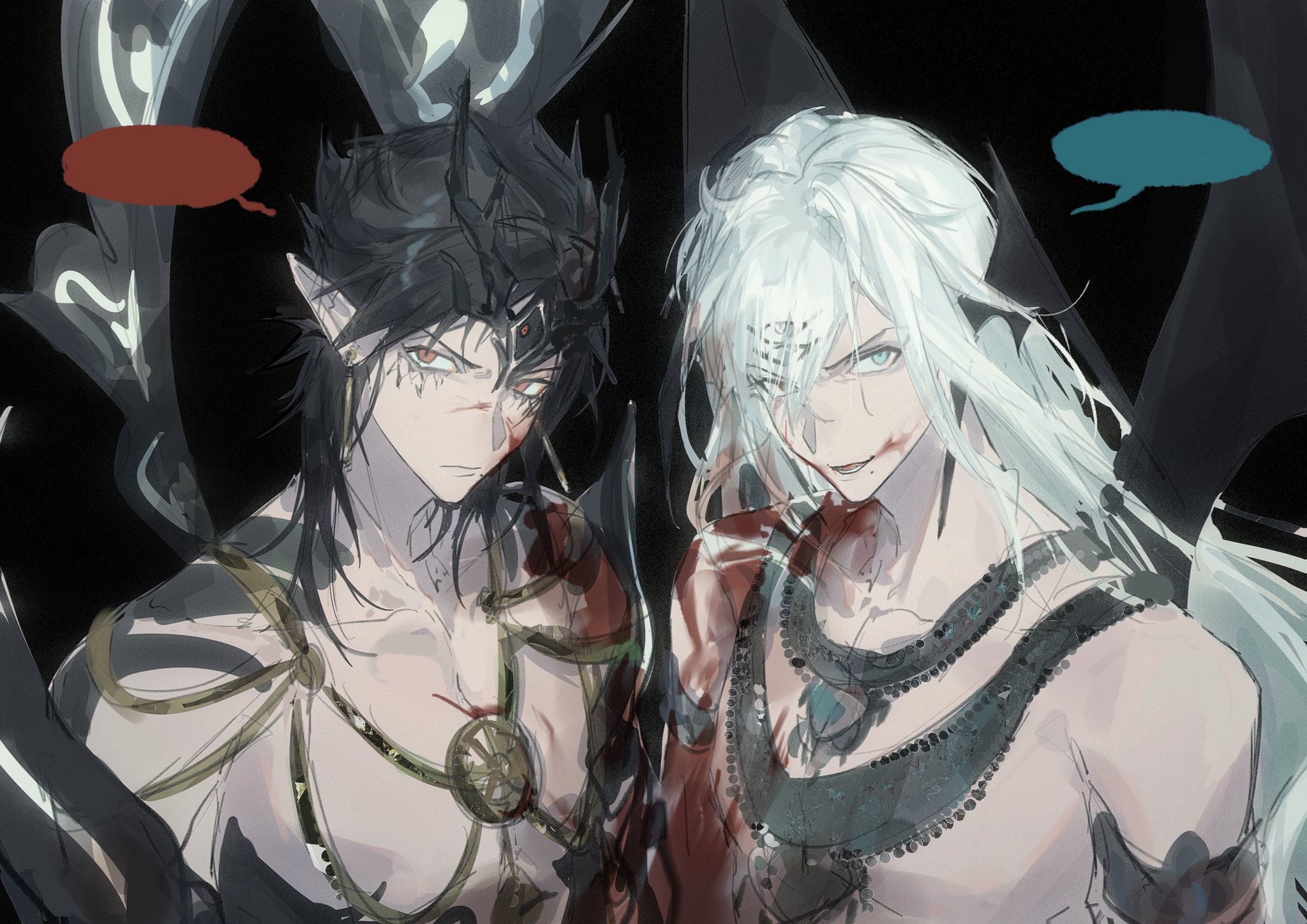whiteghost, ren hakuryuu, magi the labyrinth of magic, highres, 2boys, black background, black hair, blank speech bubble, blood, blood on face, blue eyes, blue hair, demon wings, djinn equip, dual persona, extra eyes, facial mark, head wings, jewelry, long hair, medium hair, mole, mole under mouth, multiple boys, necklace, open mouth, pointy ears, red eyes, simple background, smile, solo focus, speech bubble, third eye, upper body, wings