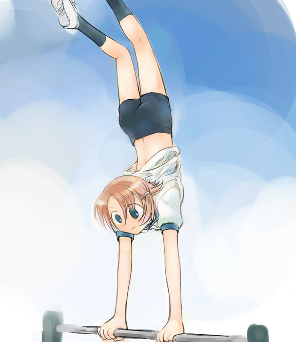 ikeda jun (mizutamari), original, bike shorts, blue eyes, brown hair, gym uniform, short hair, solo