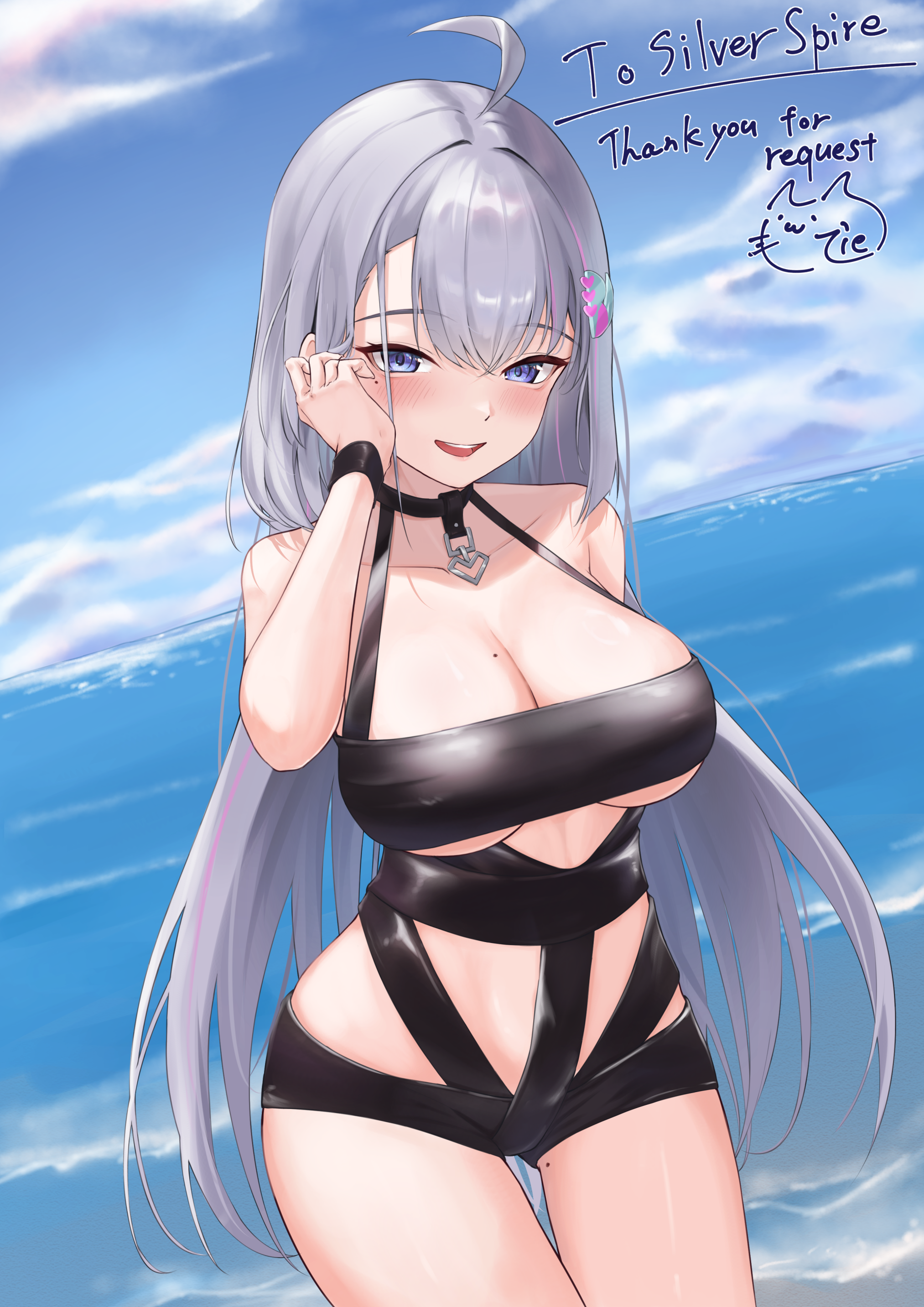 ilie ilie, ember amane, phase connect, absurdres, highres, 1girl, ahoge, bare shoulders, blue eyes, blush, breasts, cleavage, cloud, collarbone, commissioner name, grey hair, long hair, mole, mole on breast, mole on thigh, mole under eye, multicolored hair, ocean, open mouth, pink hair, sky, smile, solo, streaked hair, teeth, thigh gap, upper teeth only, virtual youtuber