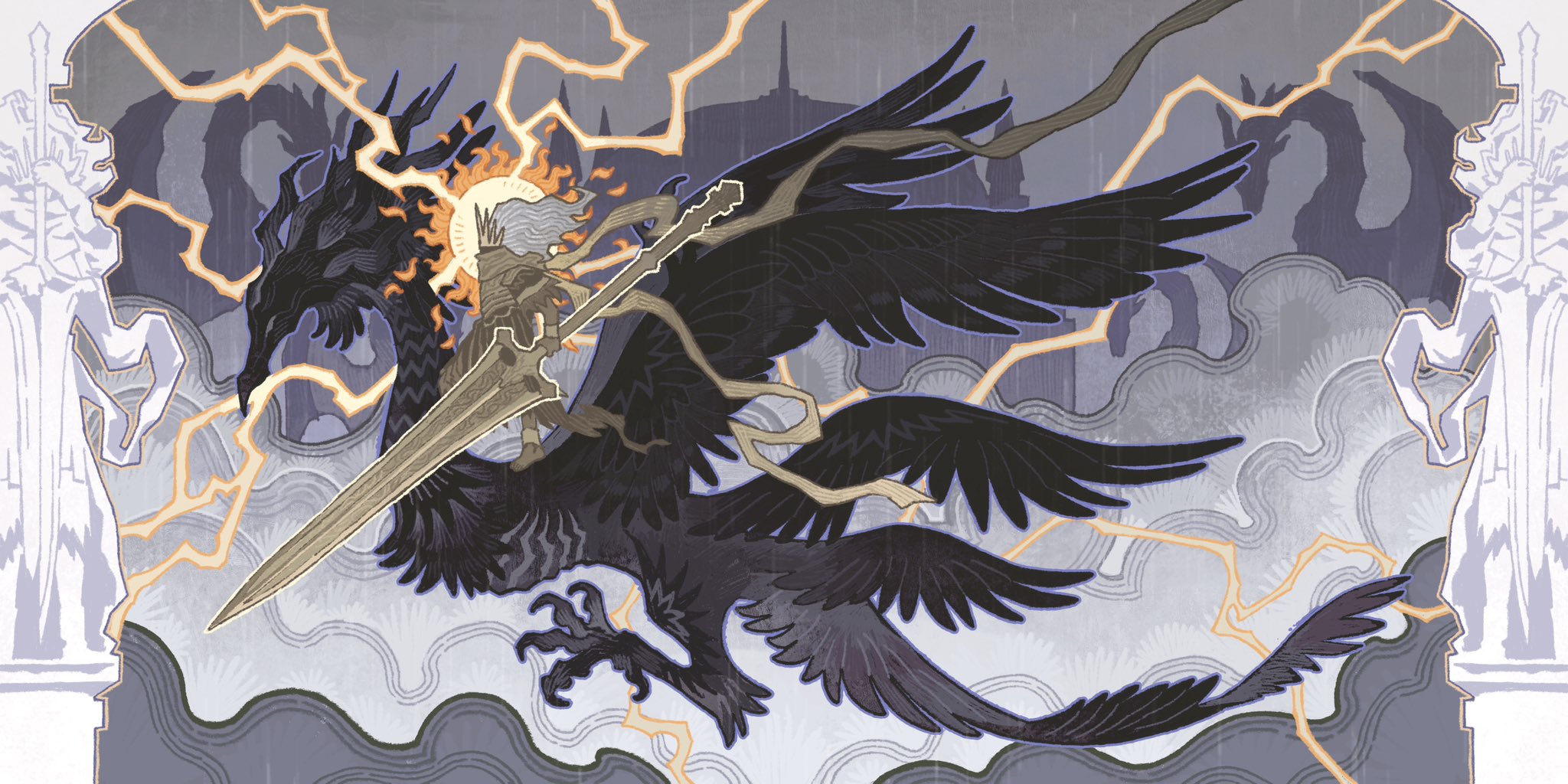 la bo chu shi, nameless king, dark souls (series), dark souls iii, highres, bandages, barefoot, bracelet, building, cloud, crown, dark cloud, dragon, faceless, faceless male, feathered wings, fire, holding, holding polearm, holding weapon, huge weapon, jewelry, lightning, marble (stone), marble sculpture, overcast, polearm, rain, robe, scar, scar on face, scarf, sky, statue, sun, talons, weapon, white hair, wings