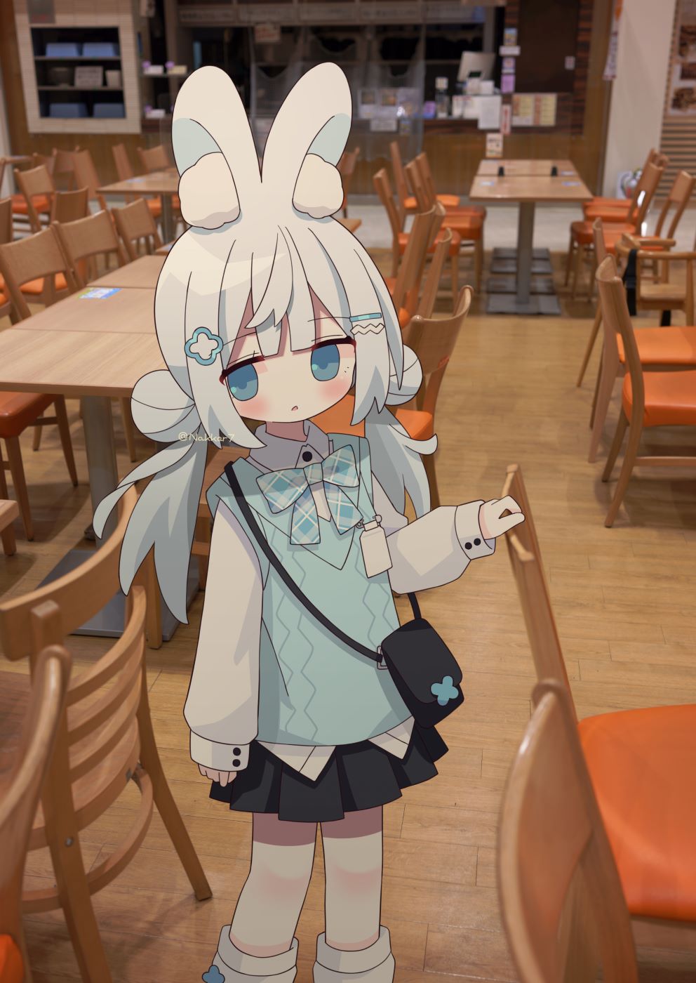 nakkar, original, commentary, highres, symbol-only commentary, 1girl, animal ear fluff, animal ears, bag, black skirt, blue eyes, bow, chair, collared shirt, hair bun, hair ornament, hairclip, indoors, long sleeves, looking at viewer, loose socks, low twintails, photo background, plaid bow, pleated skirt, rabbit ears, rabbit girl, shirt, skirt, socks, solo, sweater vest, twintails, white shirt