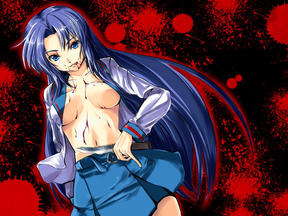 gin'ichi (akacia), ginichi, asakura ryoko, suzumiya haruhi no yuuutsu, 00s, 1girl, blood, female focus, knife, open clothes, open shirt, school uniform, serafuku, shirt, solo