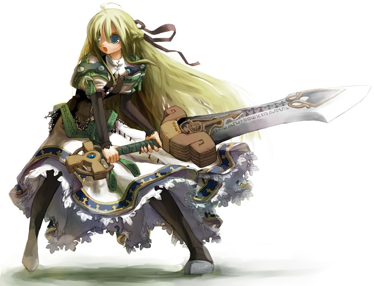 shiden, yggdra yuril artwaltz, yggdra union, bad id, bad pixiv id, 1girl, ahoge, armor, armored dress, blonde hair, blue eyes, dress, full body, holding, holding sword, holding weapon, huge weapon, legs apart, long hair, ribbon, sankaku (pixi5000), standing, sword, two-handed, weapon