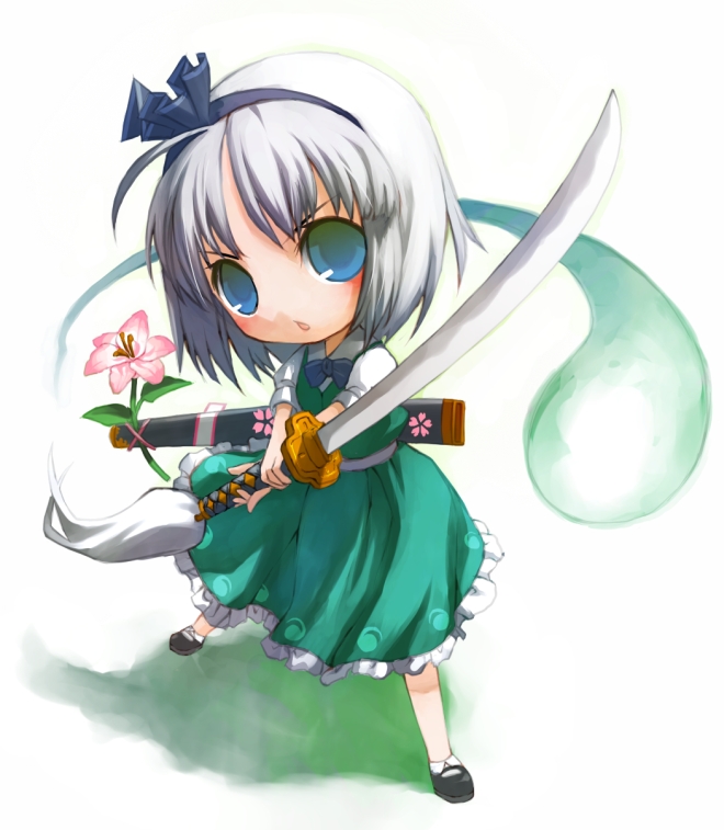 shiden, konpaku youmu, konpaku youmu (ghost), touhou, bad id, bad pixiv id, 1girl, chibi, female focus, flower, hitodama, sankaku (pixi5000), solo