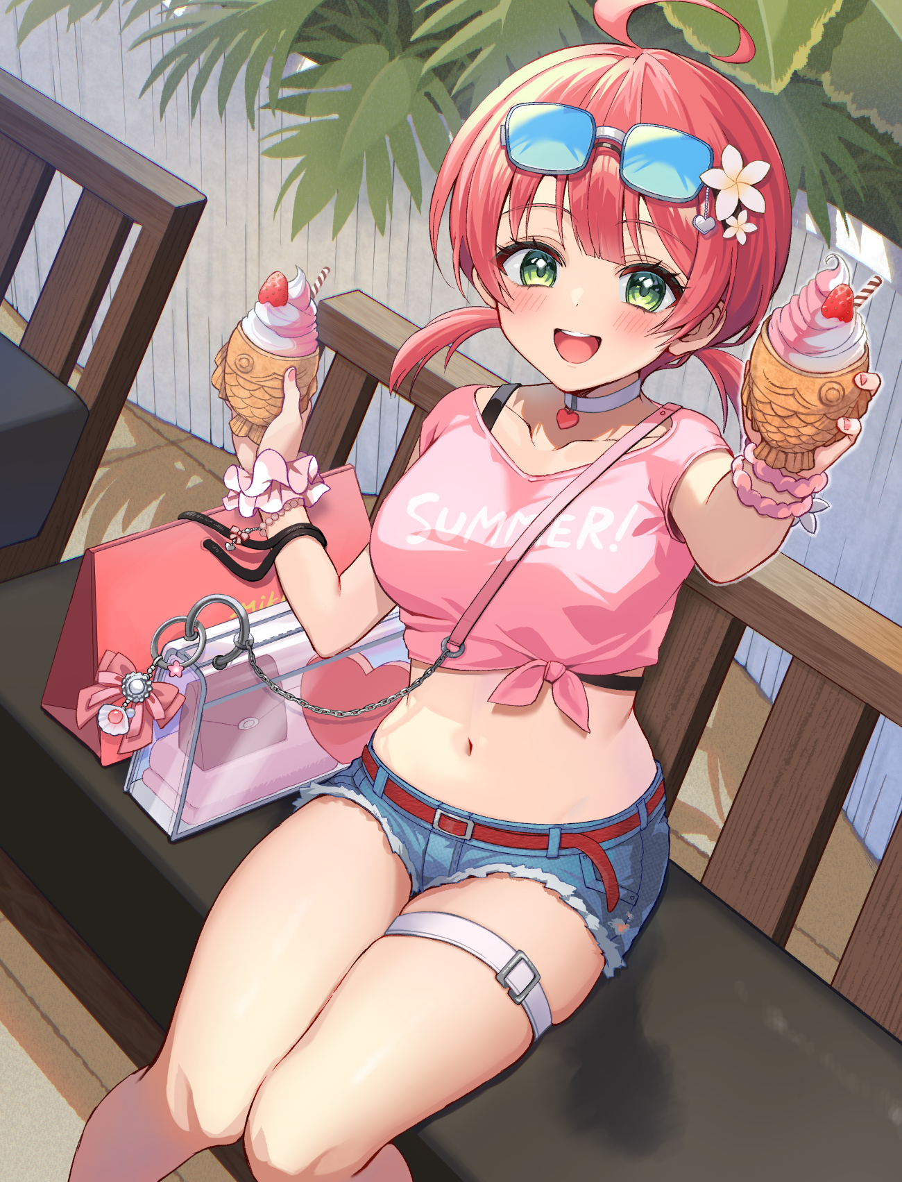 unkai amane, sakura miko, sakura miko (holonatsu paradise), hololive, holonatsu paradise, highres, 1girl, ahoge, bag, blush, breasts, denim, denim shorts, eyewear on head, flower, food, front-tie top, green eyes, hair between eyes, hair flower, hair ornament, happy, holding, holding food, ice cream, looking at viewer, navel, official alternate costume, open mouth, pink hair, pink shirt, shirt, shorts, sitting, smile, solo, sunglasses, thigh strap, virtual youtuber, white flower