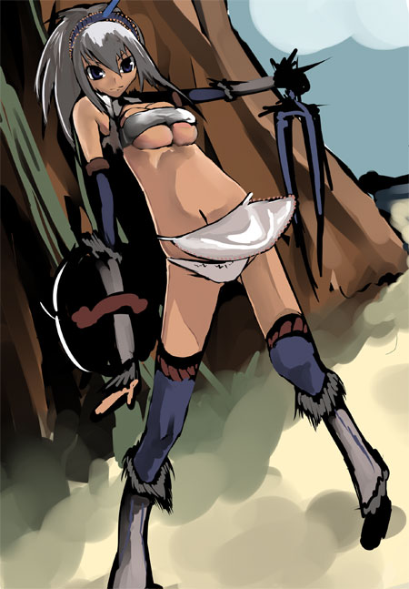 hino akira, capcom, monster hunter (series), monster hunter frontier, silver hair, 1girl, bandeau, blue eyes, blue thighhighs, boots, breasts, bursting breasts, cleavage, cleavage cutout, clothing cutout, crop top, day, detached sleeves, dutch angle, female focus, fighting stance, fur trim, hairband, horns, kirin (armor), large breasts, leg warmers, legs apart, loincloth, long hair, looking at viewer, midriff, navel, outdoors, panties, pantyshot, print panties, rock, shield, single horn, sky, solo, standing, strap, thighhighs, tree, underboob, underwear, weapon, white panties, wind