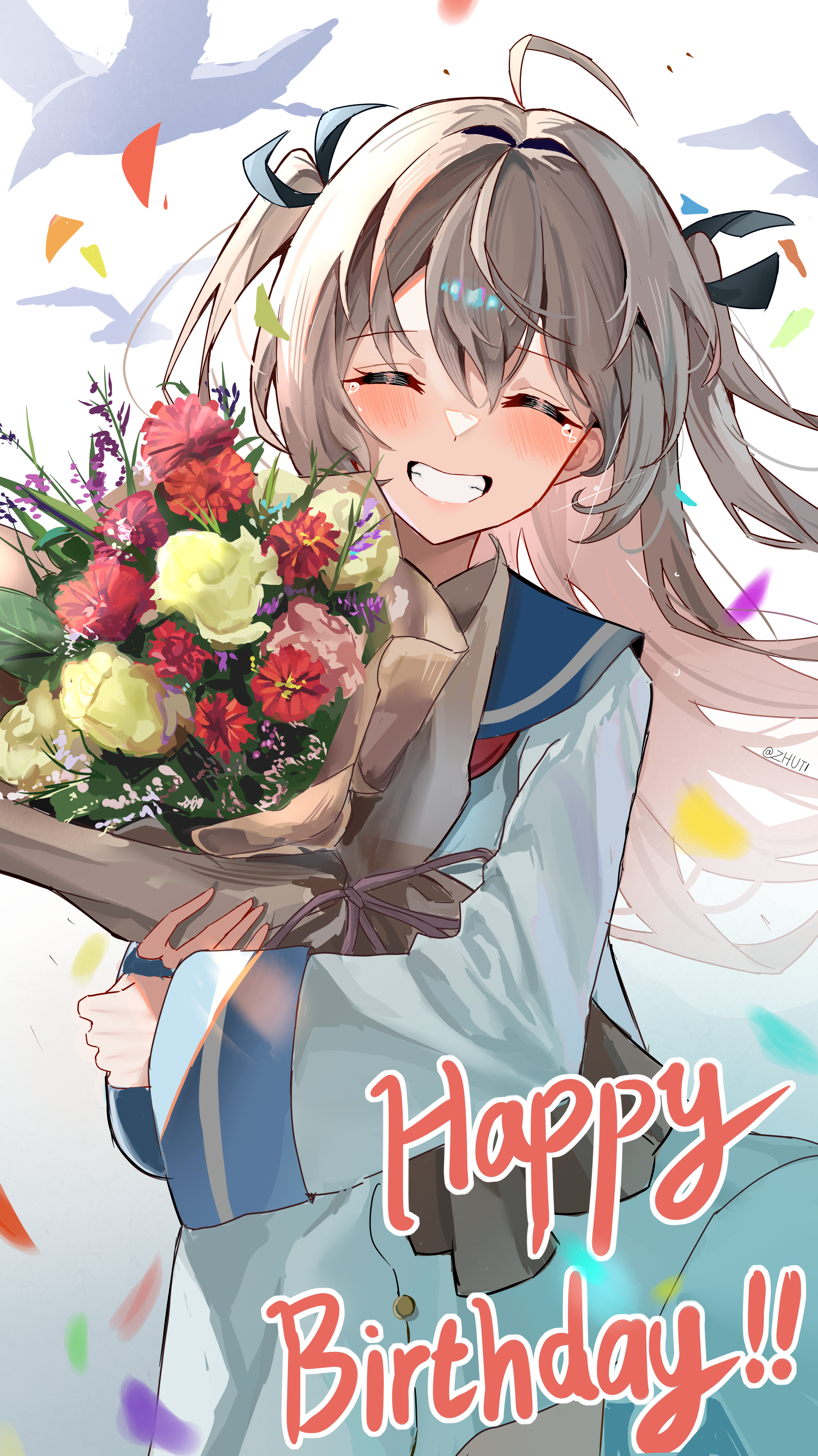 wrnmsb, atri, atri-my dear moments-, absurdres, chinese commentary, commentary request, highres, 1girl, :d, ahoge, black ribbon, blue sailor collar, blurry, blush, bouquet, brown hair, confetti, cowboy shot, depth of field, dress, facing viewer, floating hair, flower, grin, hair between eyes, hair intakes, hair ribbon, happy, happy birthday, holding, holding bouquet, long hair, long sleeves, open mouth, pink flower, purple flower, red flower, ribbon, sailor collar, sailor dress, sidelighting, simple background, smile, solo, tears, twitter username, two side up, very long hair, white background, white dress, wide sleeves, yellow flower