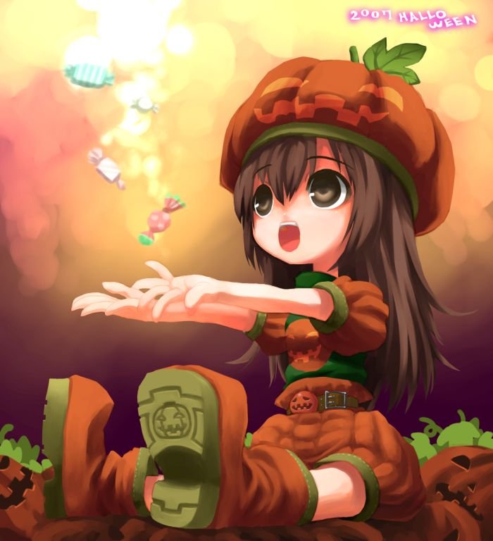 shiden, bad id, bad pixiv id, 00s, 1girl, 2007, belt, boots, brown eyes, brown hair, candy, child, female focus, food, food-themed clothes, halloween, hat, jack-o'-lantern, open mouth, puffy sleeves, pumpkin, sankaku (pixi5000), shorts, sitting, solo
