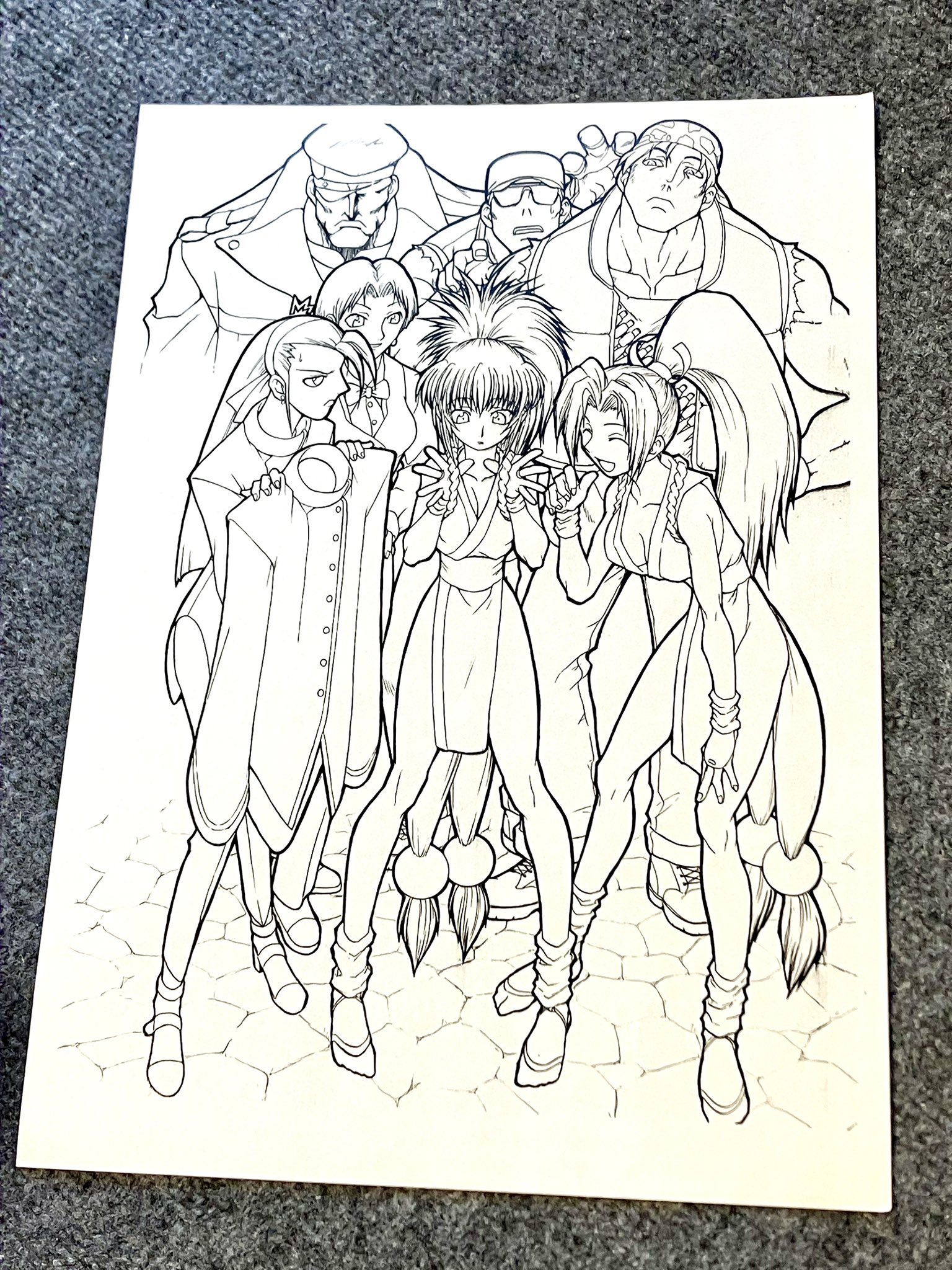 clark still, heidern, kagura chizuru, king (snk), leona heidern, ralf jones, shiranui mai, the king of fighters, 4girls, bow, bowtie, cosplay, costume, costume switch, dress, formal clothes, japanese clothes, long hair, long sleeves, medium hair, multiple girls, shoes, short hair, skirt, standing, suit, tuxedo, yuhki shinichi
