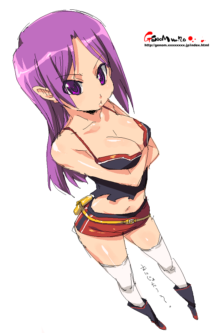 onija tarou, original, 1girl, boots, breasts, cleavage, crossed arms, female focus, large breasts, miniskirt, oekaki, purple eyes, purple hair, skirt, solo, thighhighs