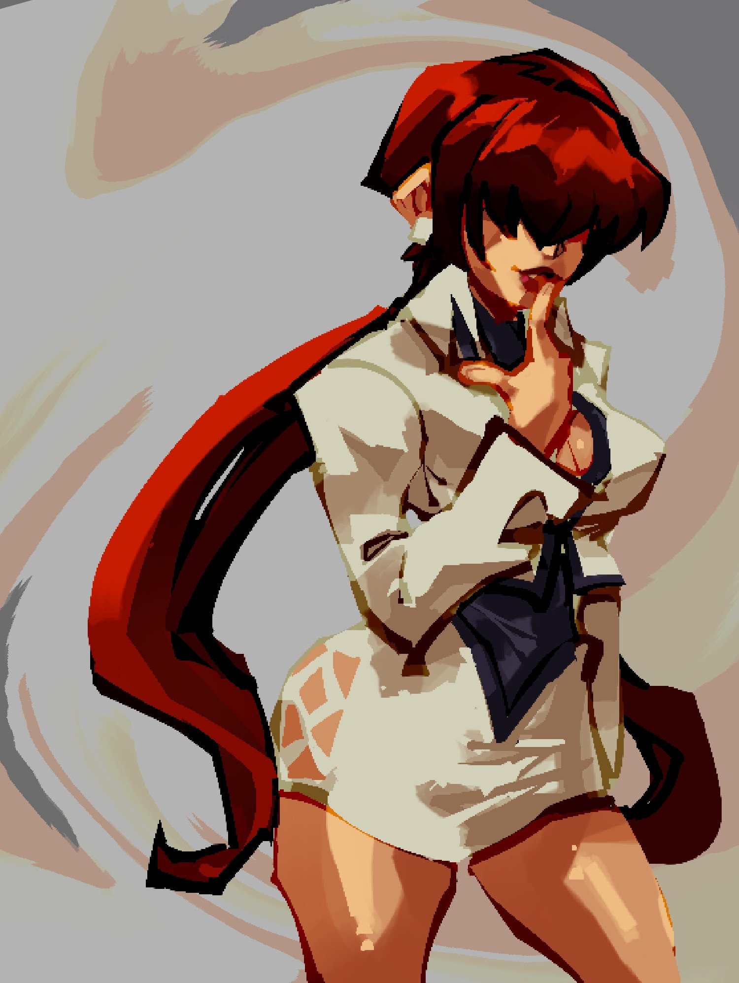 shermie (kof), the king of fighters, 1girl, breasts, cleavage, cleavage cutout, clothing cutout, curvy, dress, female focus, glassgoblin, huge breasts, jacket, large breasts, long hair, long sleeves, red hair, skirt, standing, thick lips, thick thighs, thighs, twintails, wide hips