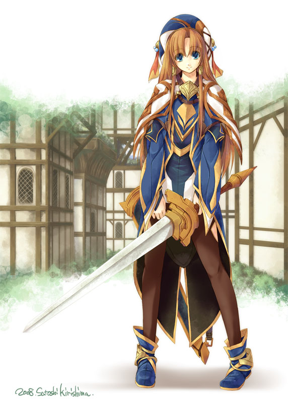 kirishima satoshi, original, 1girl, blue eyes, brown hair, cape, fantasy, female focus, long hair, solo, sword, thighhighs, weapon