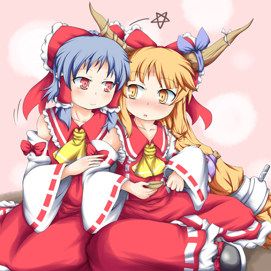 konata gazel, nanatsuhane, hakurei reimu, ibuki suika, touhou, 2girls, alcohol, bare shoulders, detached sleeves, female focus, horns, japanese clothes, miko, multiple girls, red eyes, sake, yellow eyes