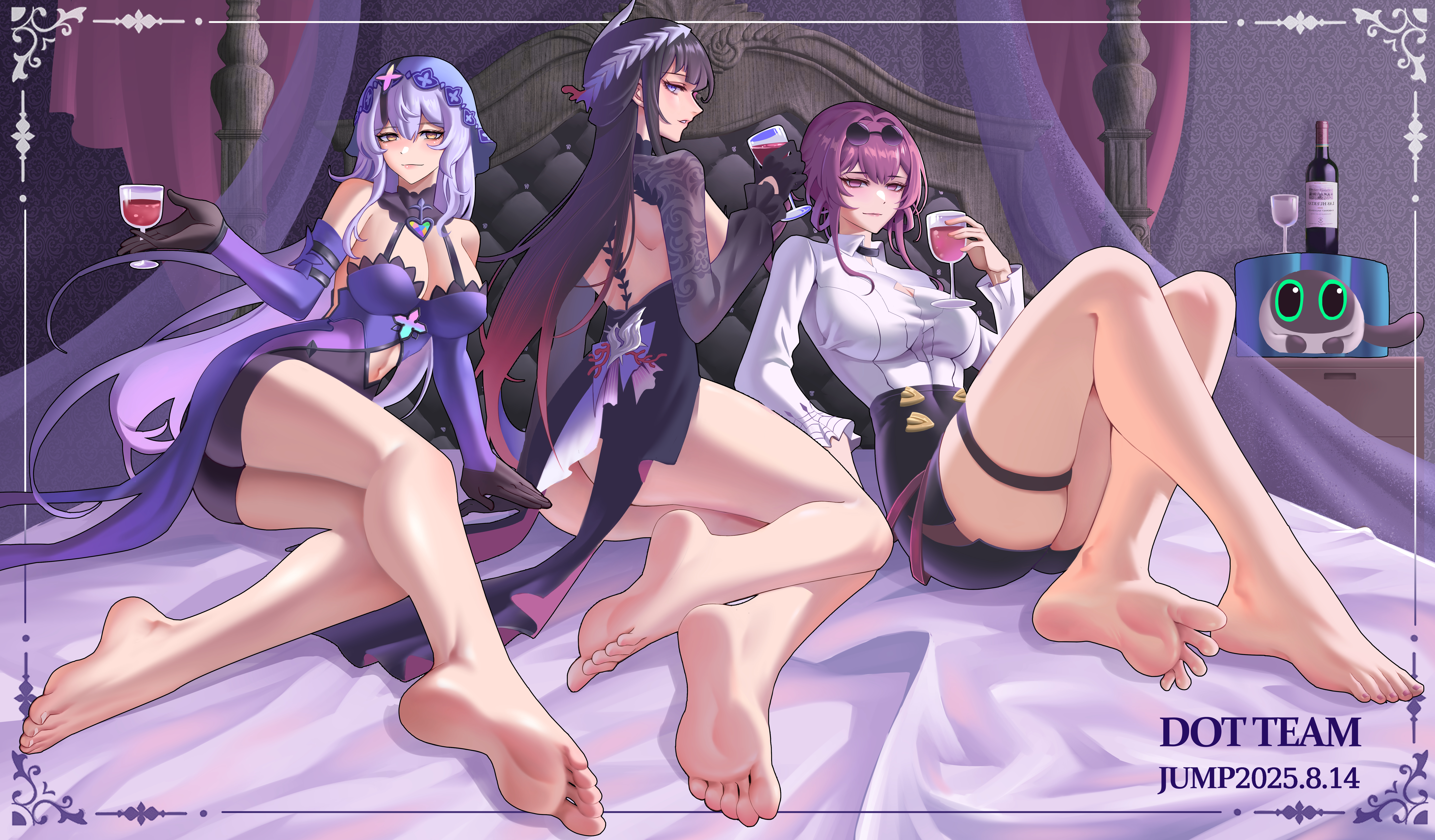 huahuaren jump, black swan (honkai: star rail), hysilens (honkai: star rail), kafka (honkai: star rail), honkai: star rail, honkai (series), absurdres, highres, 3girls, alcohol, barefoot, black hair, blue eyes, bottle, breasts, cleavage, cup, drinking glass, feet, long hair, looking at viewer, multiple girls, parted lips, pink eyes, purple hair, red hair, soles, toes, wine, wine bottle, wine glass, yellow eyes