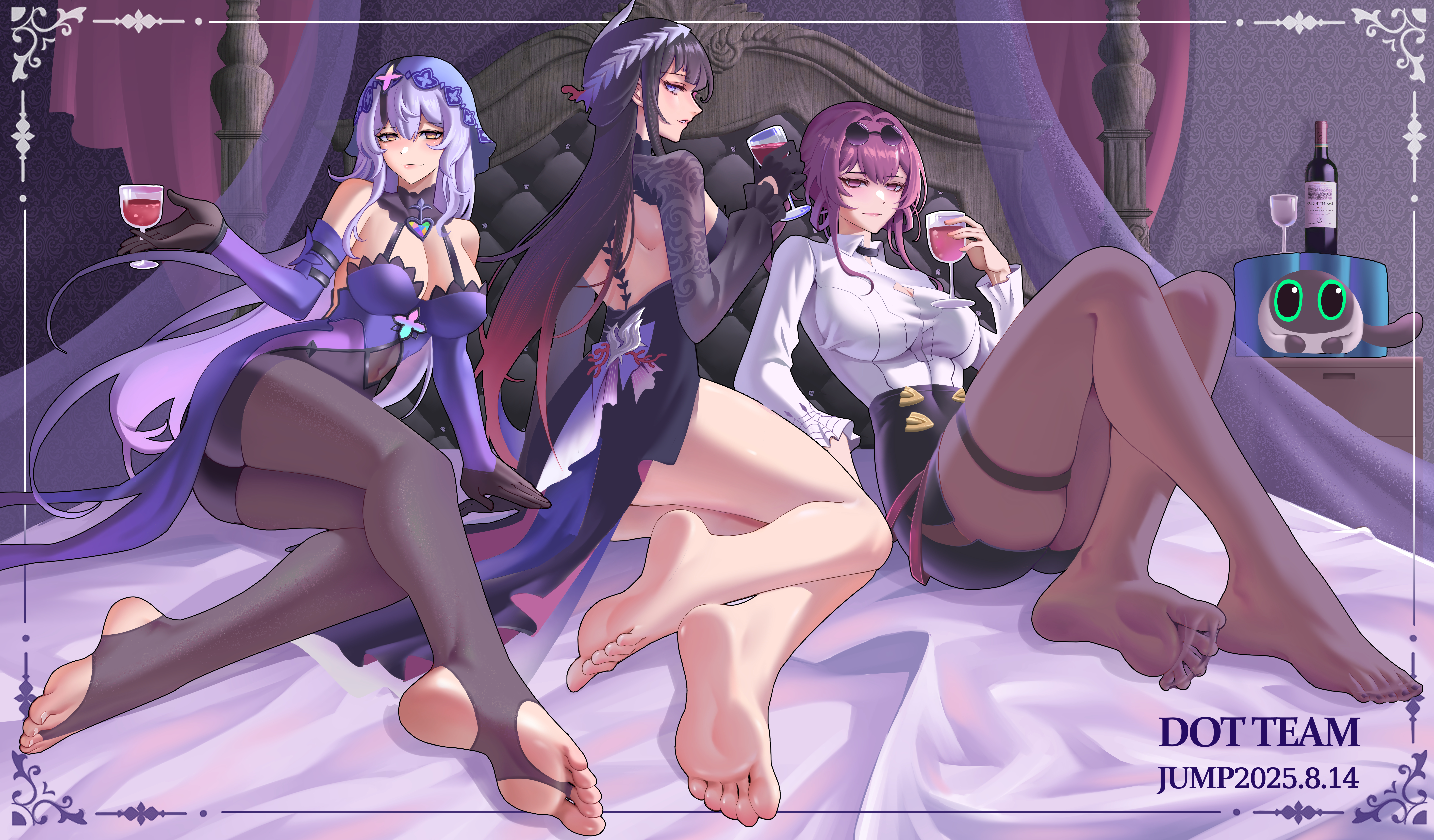 huahuaren jump, black swan (honkai: star rail), hysilens (honkai: star rail), kafka (honkai: star rail), honkai: star rail, honkai (series), absurdres, highres, 3girls, alcohol, barefoot, black hair, blue eyes, bottle, breasts, cleavage, cup, drinking glass, feet, long hair, looking at viewer, multiple girls, pantyhose, parted lips, pink eyes, purple hair, red hair, soles, stirrup legwear, toeless legwear, toes, wine, wine bottle, wine glass, yellow eyes
