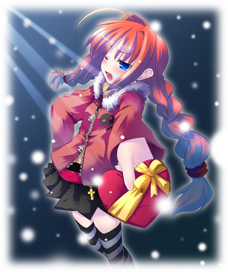 nio, nio (einhorn), vita (nanoha), lyrical nanoha, mahou shoujo lyrical nanoha, mahou shoujo lyrical nanoha a's, 00s, 1girl, female focus, gift, holding, holding gift, incoming gift, solo, thighhighs, valentine