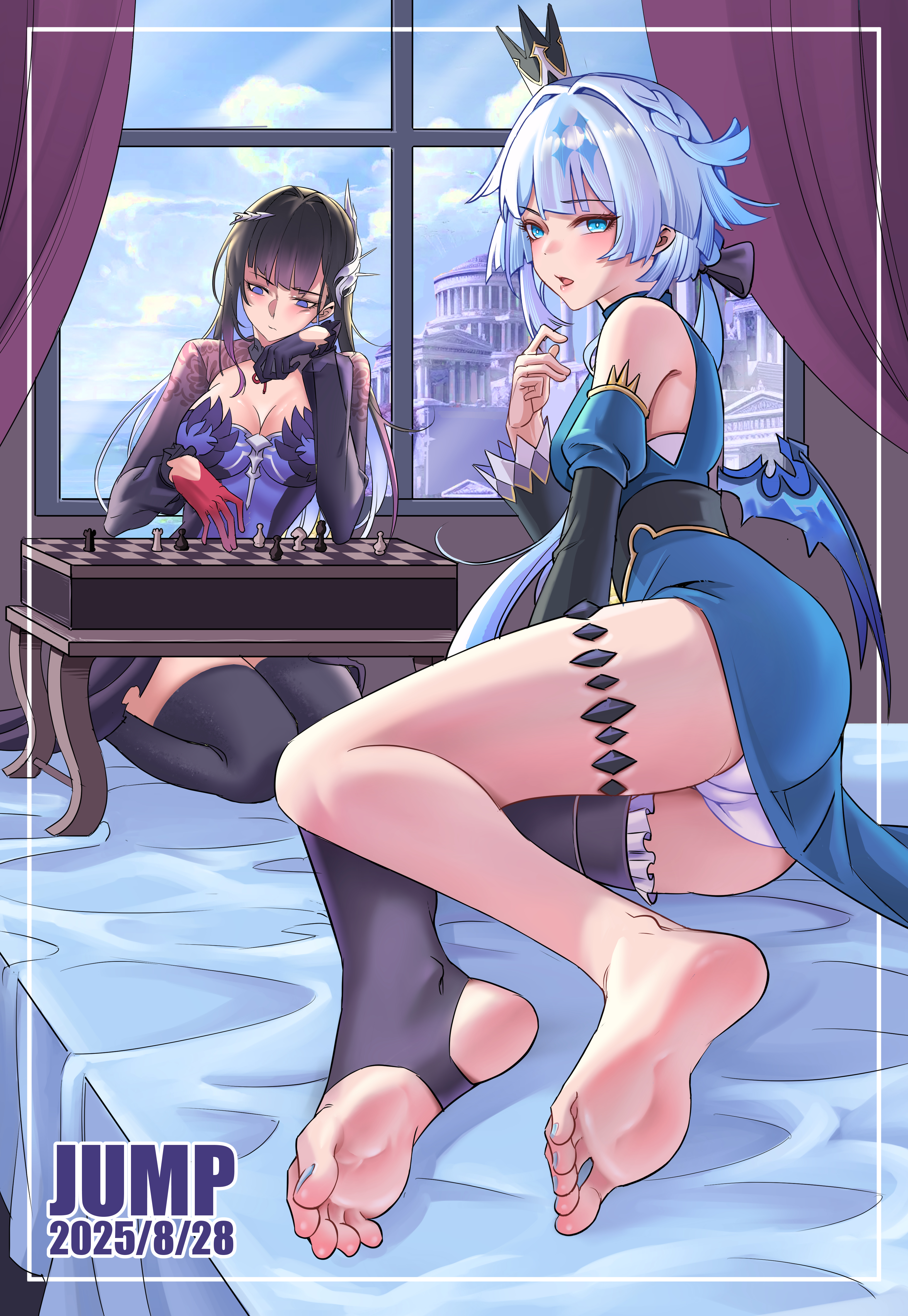 huahuaren jump, cerydra (honkai: star rail), hysilens (honkai: star rail), honkai: star rail, honkai (series), absurdres, highres, 2girls, barefoot, black hair, blue eyes, blush, board game, breasts, chess, cleavage, feet, long hair, looking at viewer, multiple girls, open mouth, panties, pantyshot, single thighhigh, soles, stirrup legwear, thighhighs, toeless legwear, toes, underwear