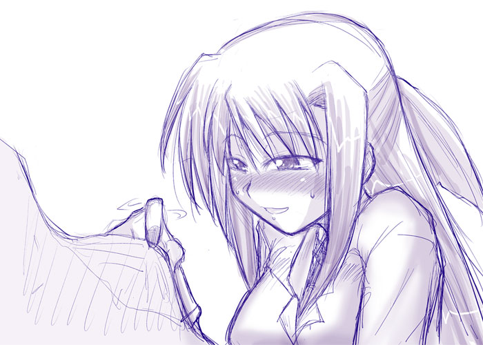 mitsurugi tsurugi, ginga nakajima, lyrical nanoha, mahou shoujo lyrical nanoha, mahou shoujo lyrical nanoha strikers, 00s, 1girl, :d, blazer, blush, collar, female focus, jacket, long sleeves, monochrome, open mouth, purple theme, simple background, smile, solo, white background
