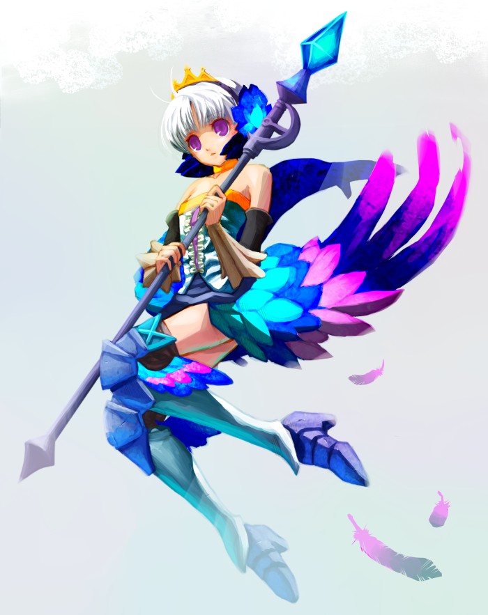 shiden, gwendolyn (odin sphere), odin sphere, bad id, bad pixiv id, 1girl, armor, armored dress, boots, crown, dress, feathers, female focus, multicolored wings, sankaku (pixi5000), solo, strapless, strapless dress, wings