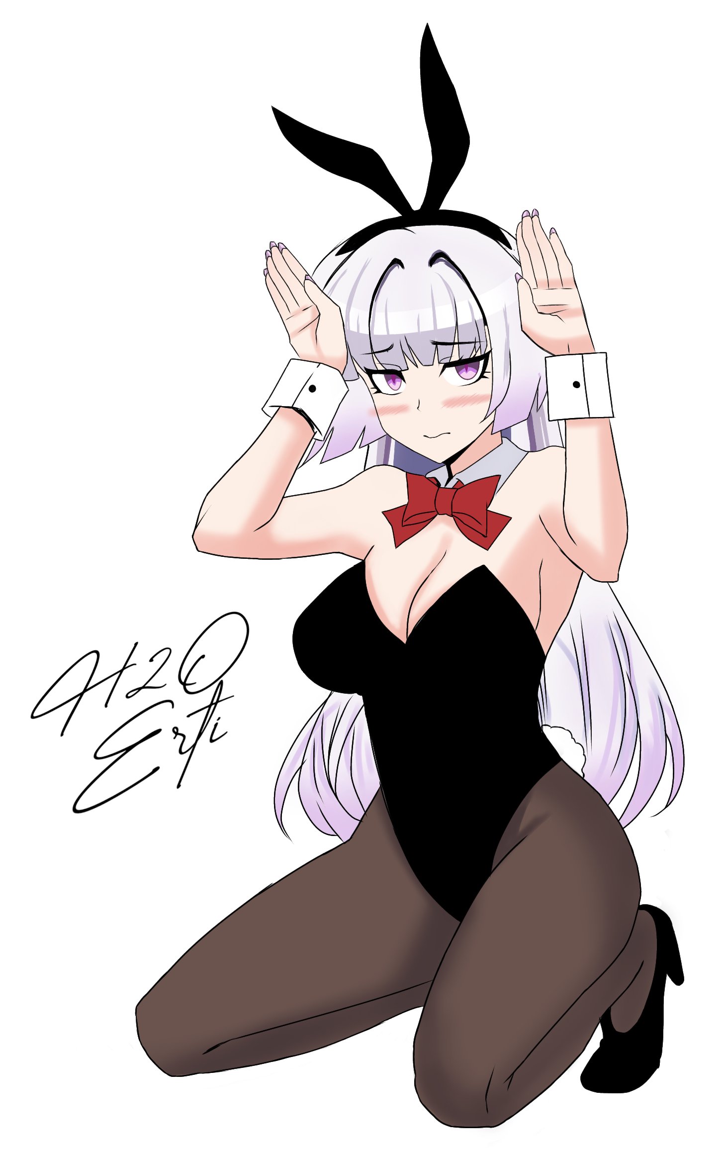 zaikiai, indie virtual youtuber, 1girl, animal costume, blush, embarrassed, full body, grey hair, leotard, long hair, nervous, pantyhose, playboy bunny, purple eyes, rabbit costume, rabbit ears, signature, simple background, solo, virtual youtuber, white background