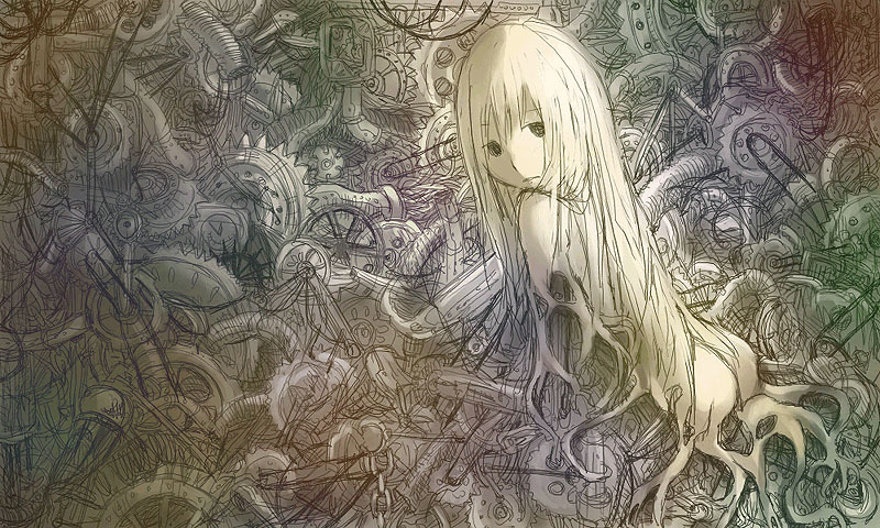 1girl, ass, blonde hair, cyborg, female focus, gears, long hair, looking at viewer, machine, solo