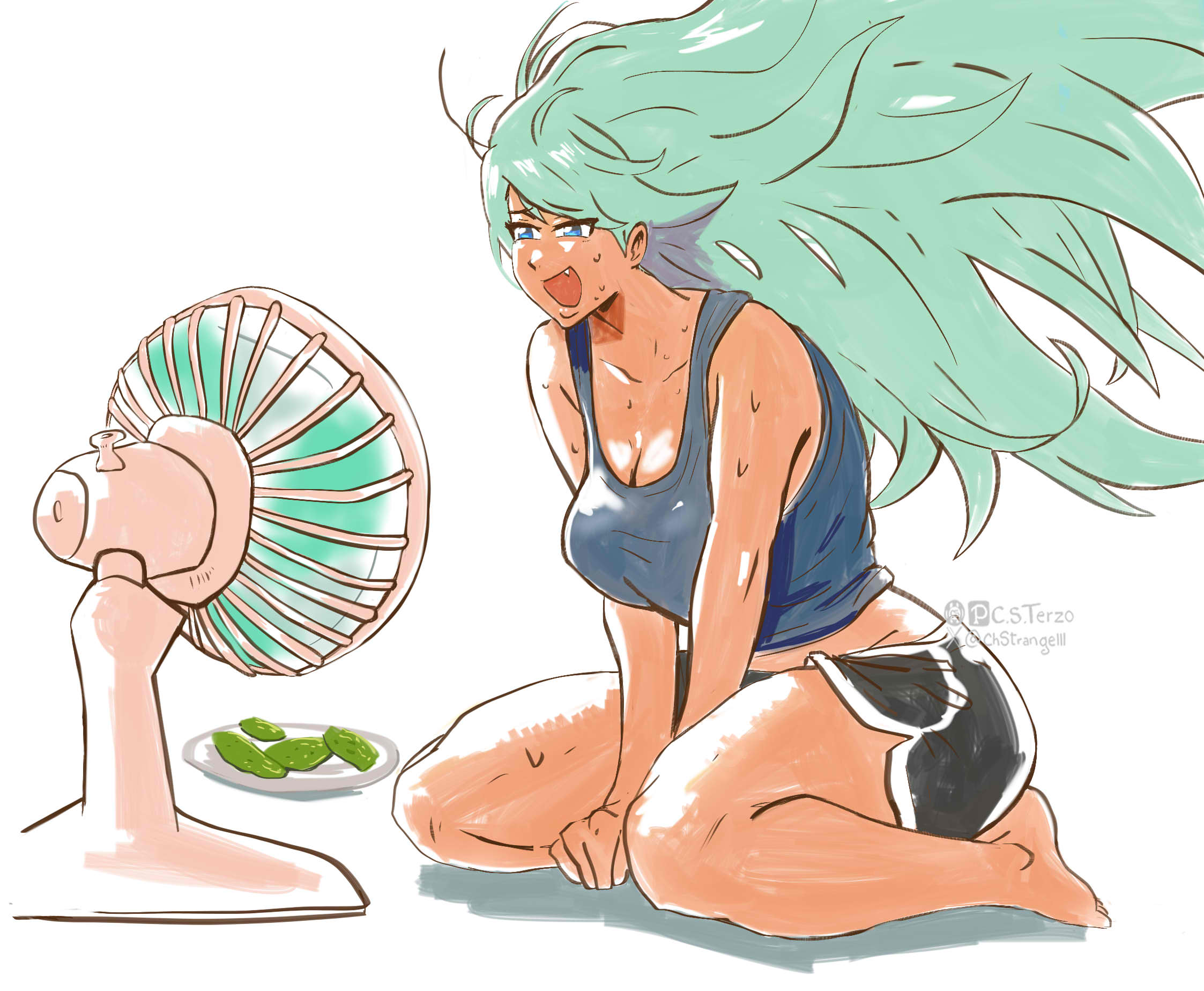 chstrangelll, angel (kof), the king of fighters, 1girl, barefoot, blue eyes, breasts, c.s. terzo, curvy, electric fan, fang, feet, huge breasts, kneeling, large breasts, long hair, open mouth, pants, shirt, shorts, sitting, smiley face, tank top, thick thighs, thighs, very long hair, white hair, wide hips