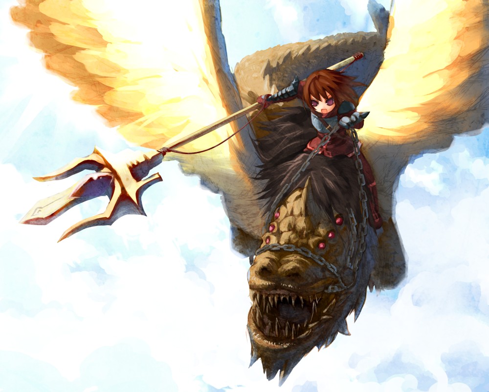 shiden, bad id, bad pixiv id, armor, chain, dragon, flying, polearm, sankaku (pixi5000), solo, spear, trident, weapon, wings