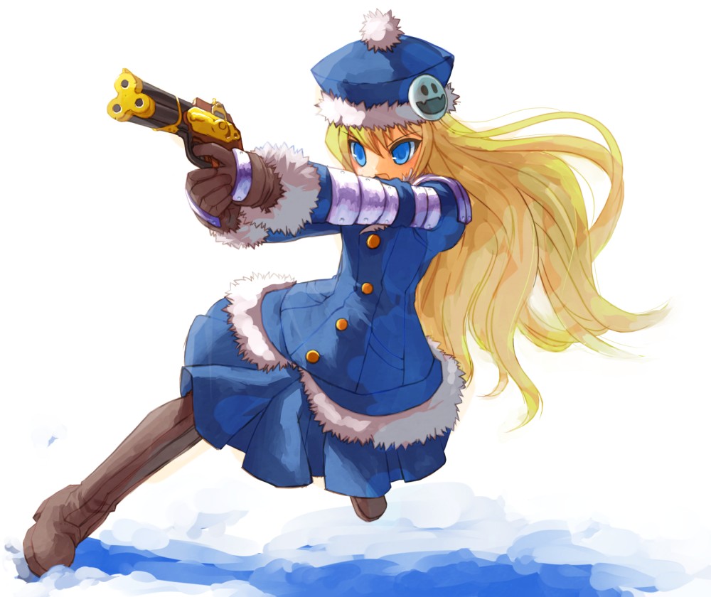 shiden, gunner (sekaiju), gunner 2 (sekaiju), jack frost (megami tensei), atlus, etrian odyssey, bad id, bad pixiv id, 1girl, blonde hair, blue eyes, female focus, gun, hat, sankaku (pixi5000), solo, weapon