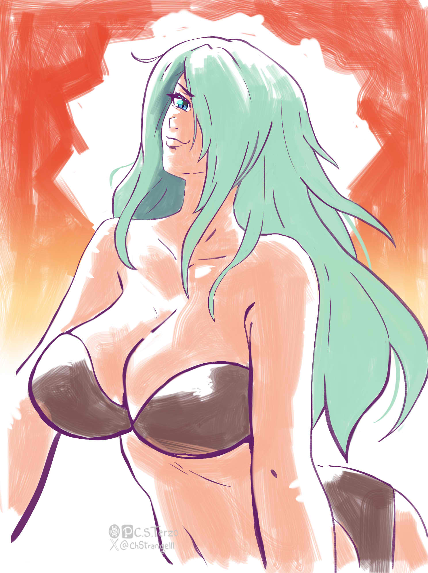 chstrangelll, angel (kof), the king of fighters, 1girl, bikini, blue eyes, breasts, c.s. terzo, curvy, huge breasts, large breasts, long hair, looking at viewer, panties, smile, smiley face, swimsuit, thick thighs, thighs, underwear, very long hair, white hair, wide hips