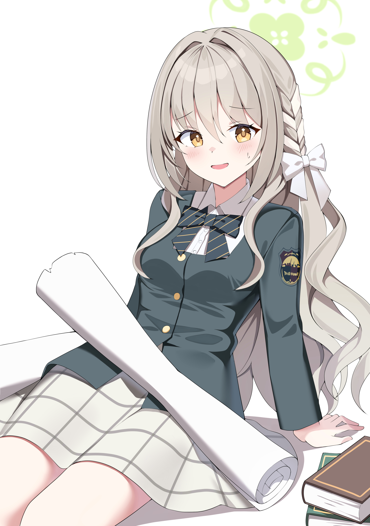 sob (submar1089), miyo (blue archive), blue archive, commentary, highres, 1girl, arm support, black bow, blazer, blush, book, book stack, bow, bowtie, braid, breasts, buttons, choppy bangs, collared shirt, diagonal-striped bow, diagonal-striped bowtie, diagonal-striped clothes, furrowed brow, green halo, grey hair, grey skirt, hair between eyes, hair bow, hair intakes, hair ribbon, halo, jacket, long hair, long sleeves, looking at viewer, medium breasts, open mouth, ribbon, ribbon braid, scroll, shirt, simple background, sitting, skirt, smile, solo, striped bow, striped bowtie, striped clothes, sweatdrop, thighs, very long hair, white bow, white shirt, wild hunt academy of arts logo, yellow eyes