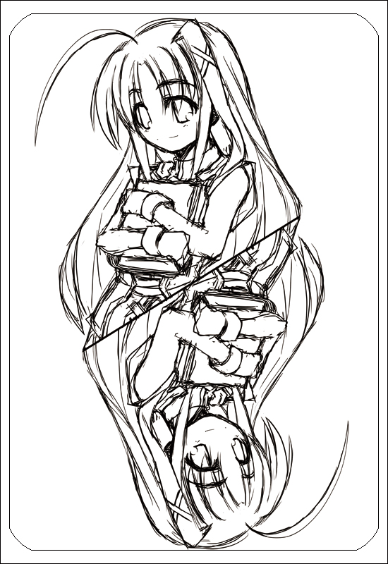 book of the azure sky, reinforce zwei, lyrical nanoha, mahou shoujo lyrical nanoha, mahou shoujo lyrical nanoha strikers, 00s, 1girl, dual persona, female focus, greyscale, hair ornament, magical girl, monochrome, sketch, solo, x hair ornament
