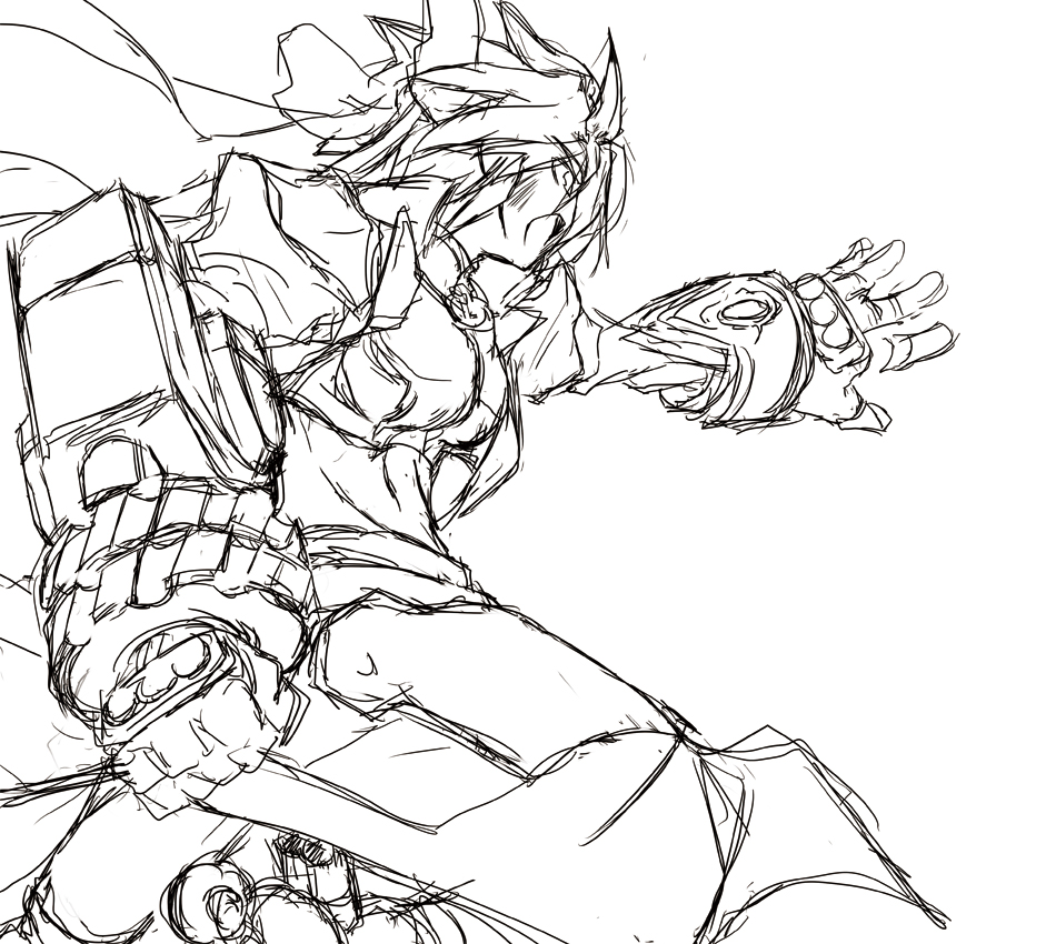 mach caliber, revolver knuckle, subaru nakajima, lyrical nanoha, mahou shoujo lyrical nanoha, mahou shoujo lyrical nanoha strikers, uniform, 00s, 1girl, androgynous, clenched hand, dress, female focus, fighting stance, gauntlets, greyscale, long sleeves, monochrome, outstretched arm, short hair, sketch, solo, spiked hair, standing